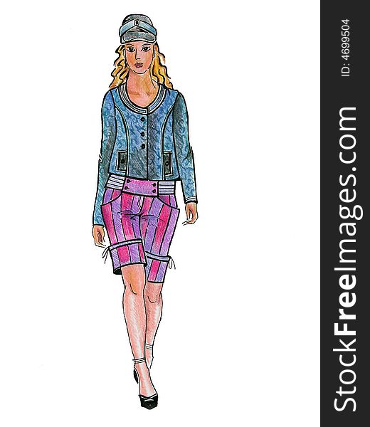 Drawn model in pink skirt is illustration from my set of fashion illustratoins.