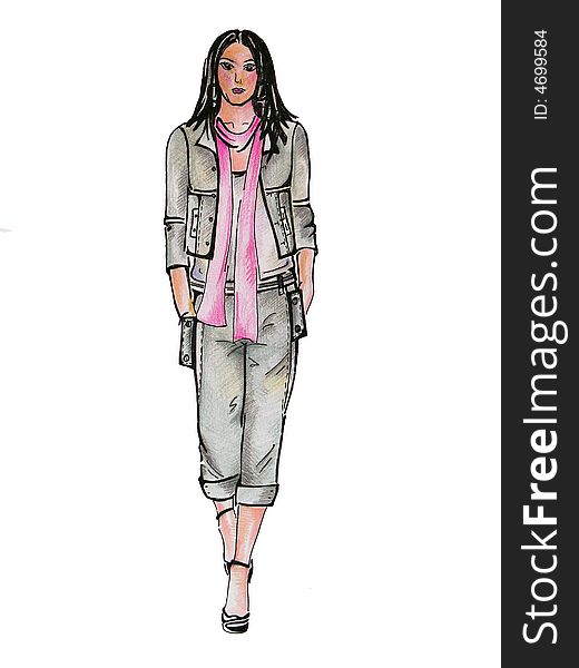 Drawn model in grey suit with pink scarf is illustration from my set of fashion illustratoins.