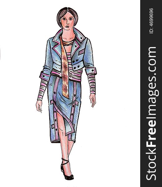Drawn model in blue suit with brawn scarf is illustration from my set of fashion illustratoins.