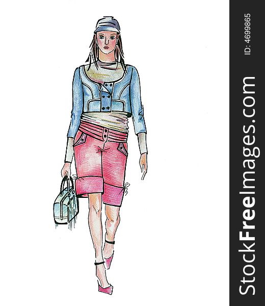 Drawn model with bag is illustration from my set of fashion illustratoins.