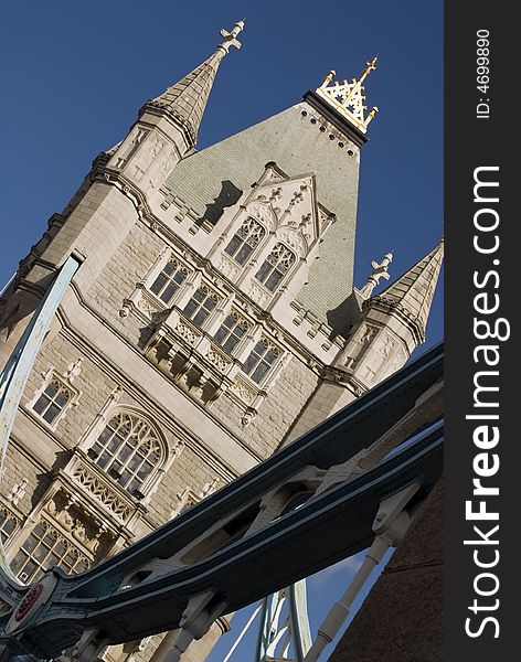 One of the towers of Tower Bridge, London, close up in all its glory. One of the towers of Tower Bridge, London, close up in all its glory