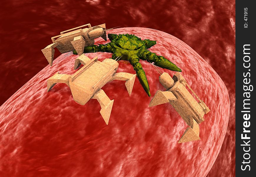 3d Bloodcell with nanorobots attacking viruse. 3d Bloodcell with nanorobots attacking viruse
