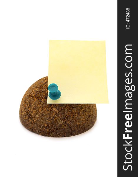 Cork sphere with pinned paper note on white background. Cork sphere with pinned paper note on white background