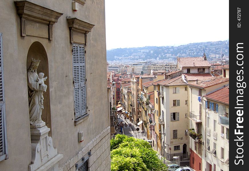 Statue of Mary and Baby Jesus looking over Nice, France. Statue of Mary and Baby Jesus looking over Nice, France.