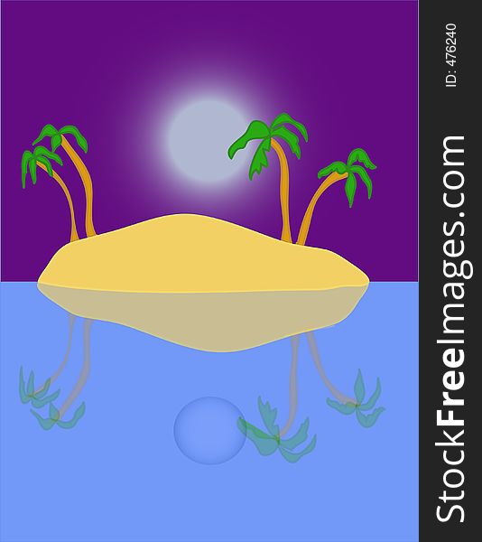 Tropical moon-lit island with reflection in water.