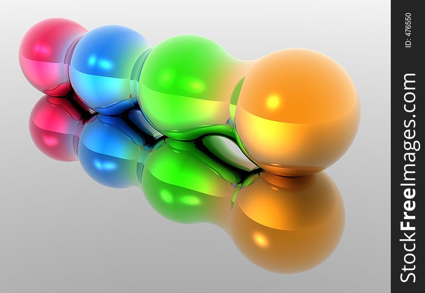 Four different colored spheres morphing together with reflection. Four different colored spheres morphing together with reflection.