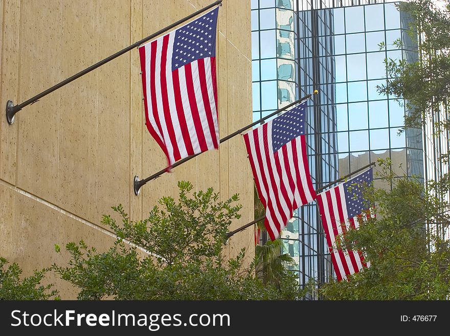 Displaying flags on building. Displaying flags on building