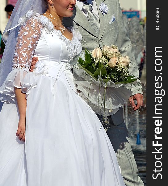 Happy newly married right after ritual of wedding. Happy newly married right after ritual of wedding