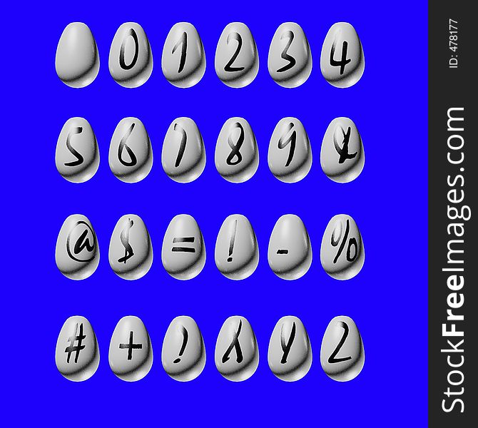 Symbols, numbers, and the letters xyz on 3d Easter Eggs, isolated on a blue backgound. Symbols, numbers, and the letters xyz on 3d Easter Eggs, isolated on a blue backgound.