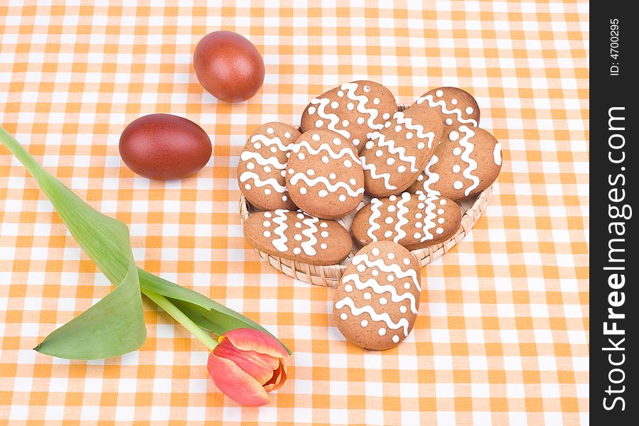 Easter still- life- eggs, tulip and gingerbread. Easter still- life- eggs, tulip and gingerbread