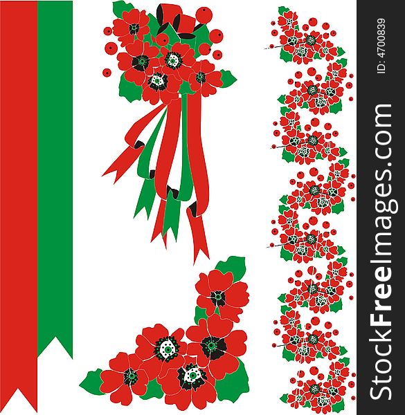 Red flowers with green and red bows, vector. Red flowers with green and red bows, vector