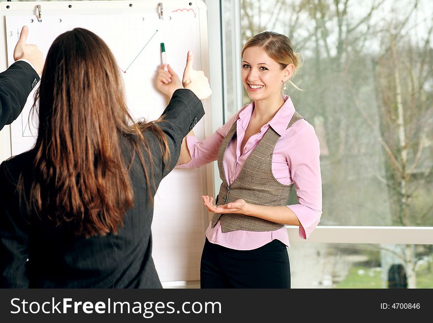 A group of businesspeople and a flipchart. A group of businesspeople and a flipchart