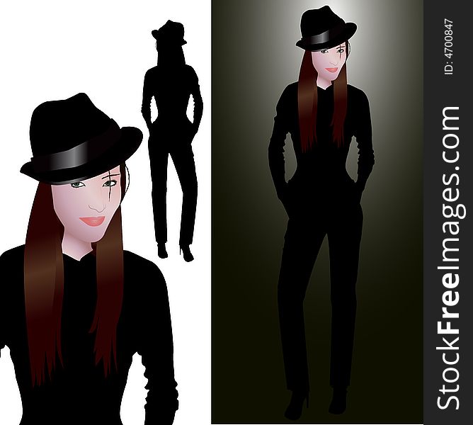 Young woman in black, with hat, silhouette. Young woman in black, with hat, silhouette