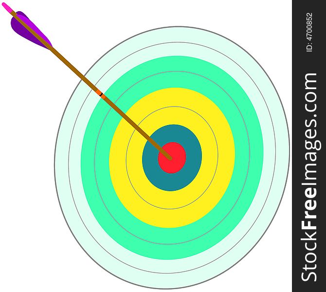 Arrow at bull's-eye of a target. Arrow at bull's-eye of a target
