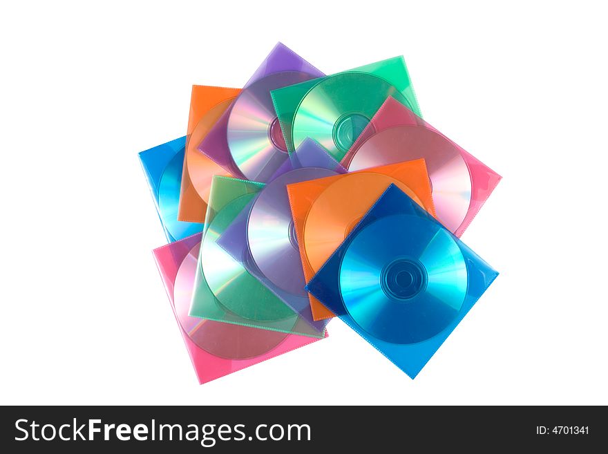 CD-disks in multi-colored envelopes. Isolated on a white background. Clipping path included.