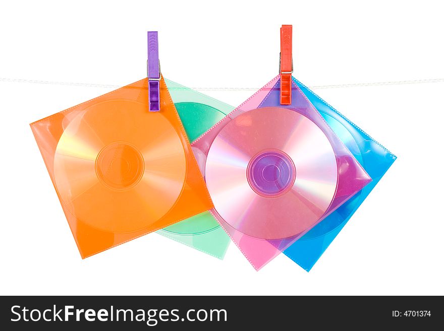 CD-disks in multi-colored envelopes. Isolated on a white background. Clipping path included.