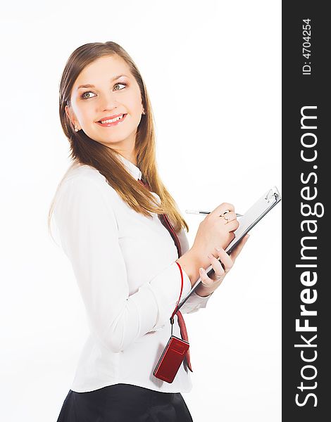 Business woman with a folder and a cellphone over a white background. Business woman with a folder and a cellphone over a white background