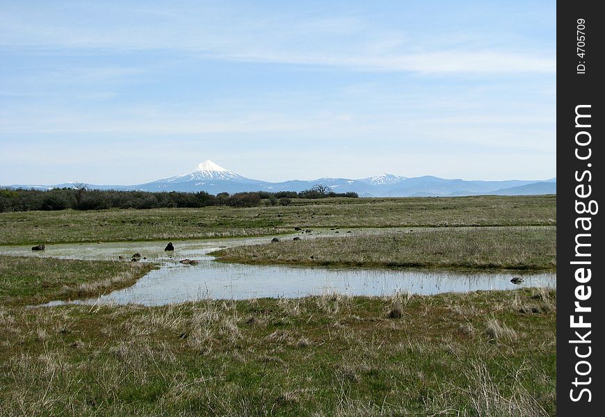 Mt McLaughlin seen across a small water flow on top of Table rock in the Rouge valley.  Oregon, U.S.A.