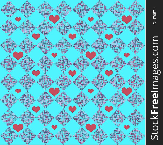 Checkered pattern of aqua and fuschia  with large and small hearts. Checkered pattern of aqua and fuschia  with large and small hearts