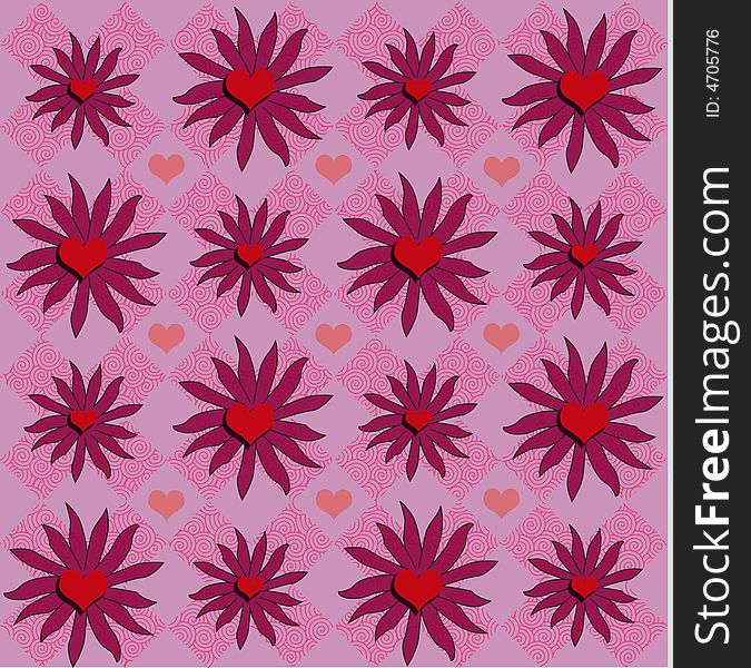 Fuschia Flowers with red heart centers on pink checkered back round. Fuschia Flowers with red heart centers on pink checkered back round.