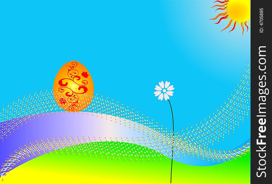 Easter egg over blue background with ornament, flower, sun and waves. Easter egg over blue background with ornament, flower, sun and waves