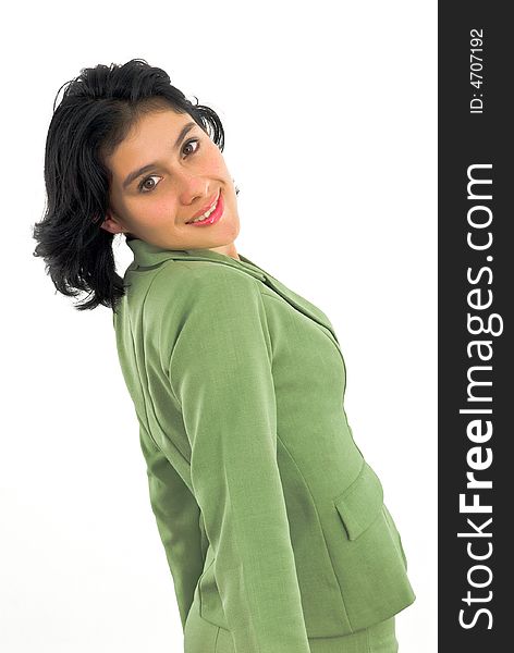 Portrait of a cheerful young woman in green