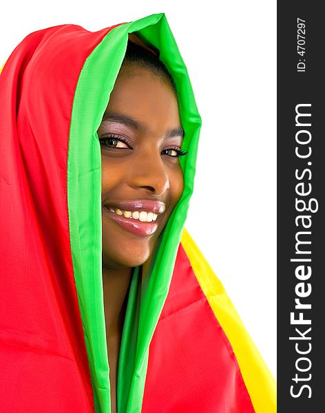 African girl wrapped in a colorful shawl