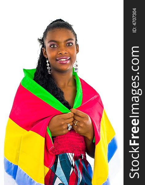 African girl wrapped in a colorful shawl