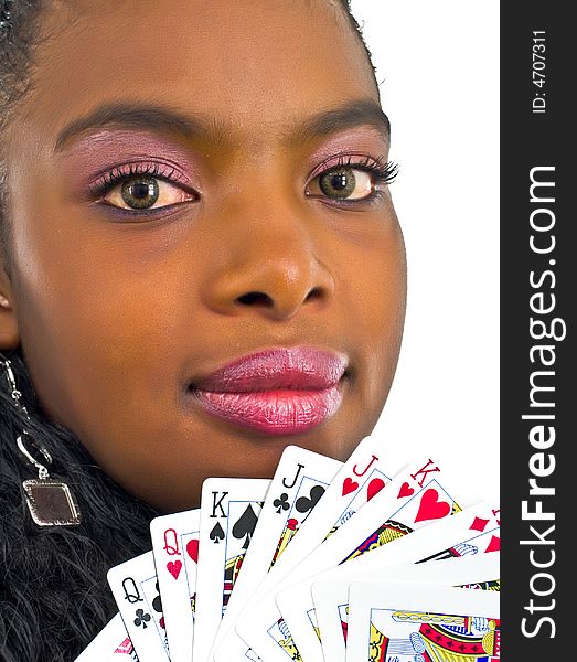 Young adorable african woman playing with cards