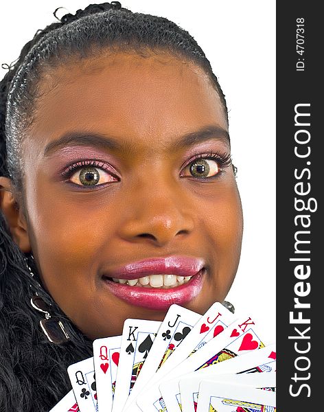Young adorable african woman playing with cards