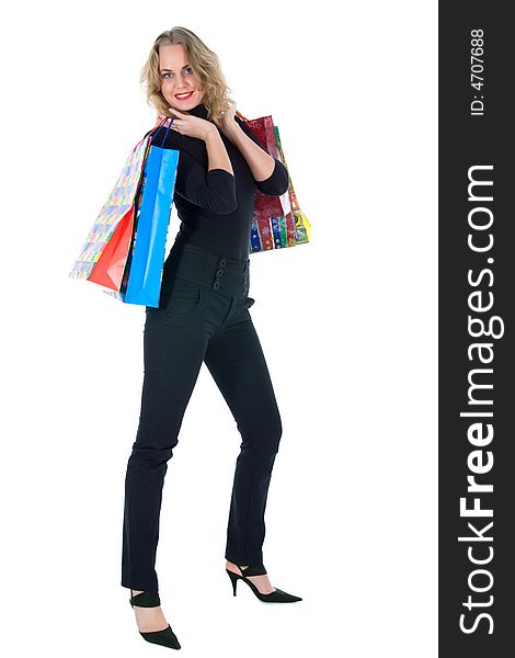 Expressive woman  on white background  shopping. Expressive woman  on white background  shopping