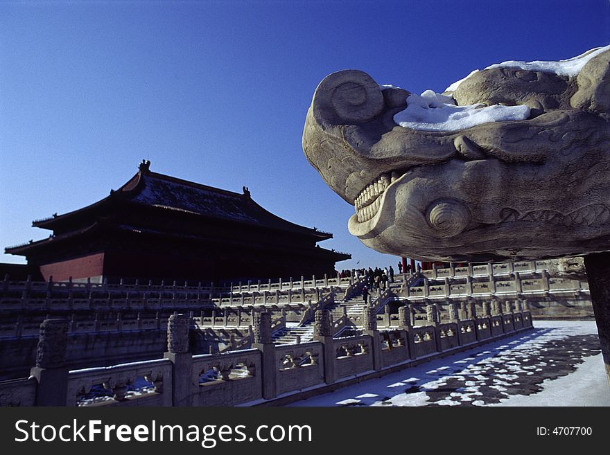 Stone dragon head in the forbidden city, china