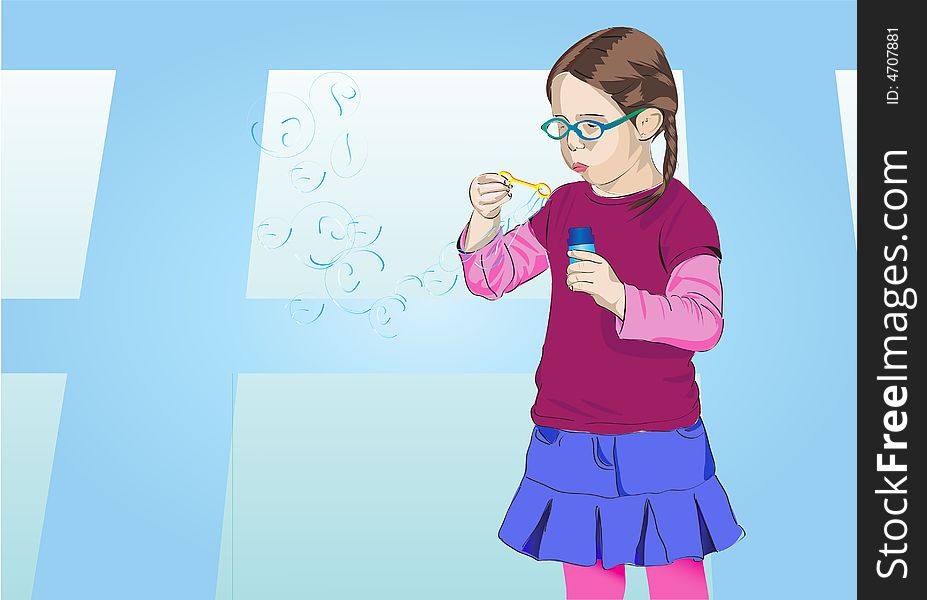 Vector illustration of a pretty little girl playing with blowing bubbles. Vector illustration of a pretty little girl playing with blowing bubbles