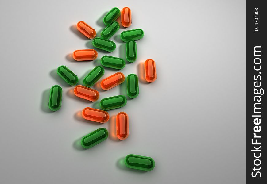 Green and pills on gray plane. Green and pills on gray plane