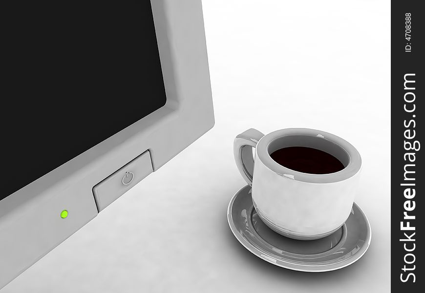 The switched off monitor and coffee cup. The switched off monitor and coffee cup.