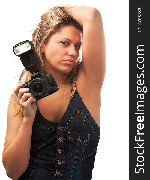 Portrait of sexy girl with camera isolated on white. Portrait of sexy girl with camera isolated on white