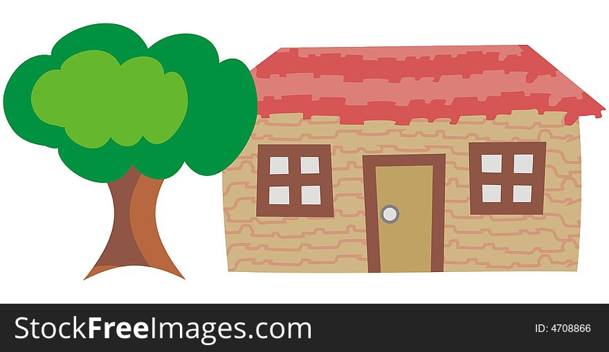 Art illustration of a cabin with a tree. Art illustration of a cabin with a tree