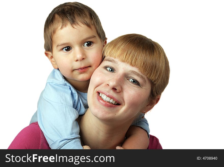 Beauty young mother and her son on white background. Beauty young mother and her son on white background