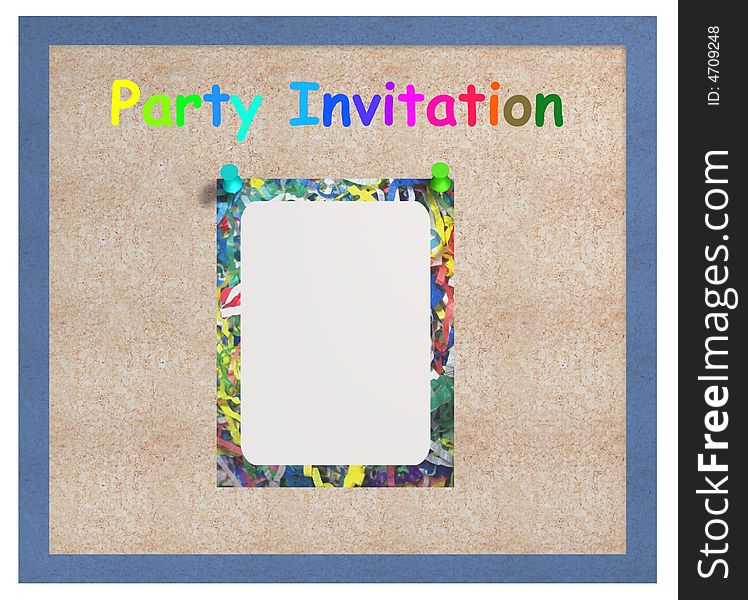 Cork notice board with party invitation text and a blank party paper attached. Cork notice board with party invitation text and a blank party paper attached