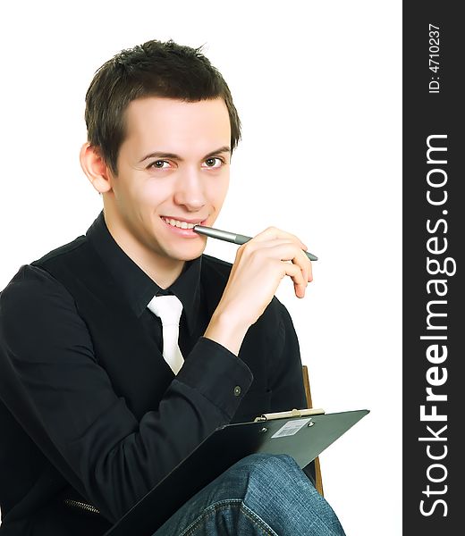 Young man working on a white background