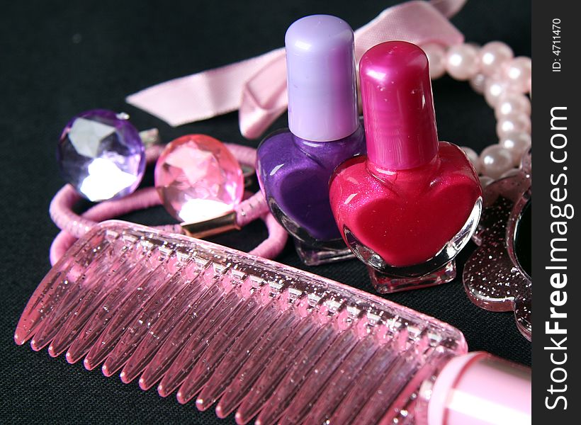 Women´s accessories, comb, brush, ring, nail enamel. Women´s accessories, comb, brush, ring, nail enamel