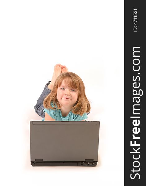 Isolated young girl using a laptop