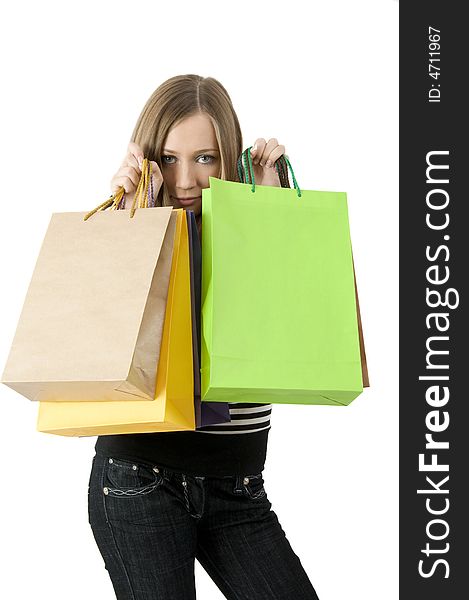 Girl keeping bags with purchases. Girl keeping bags with purchases