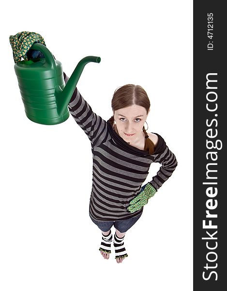 Girl with green watering can. Girl with green watering can