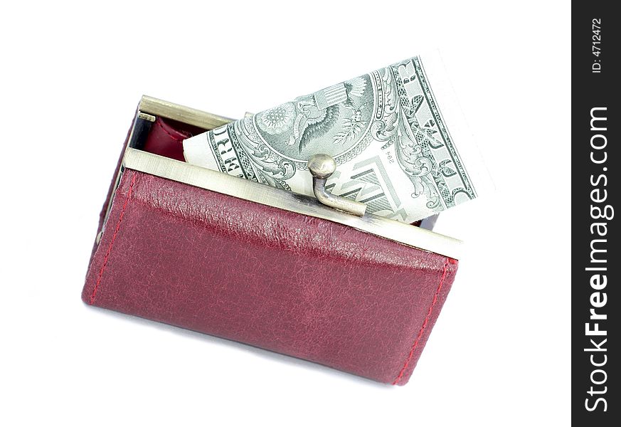 Money in a red purse on a white background