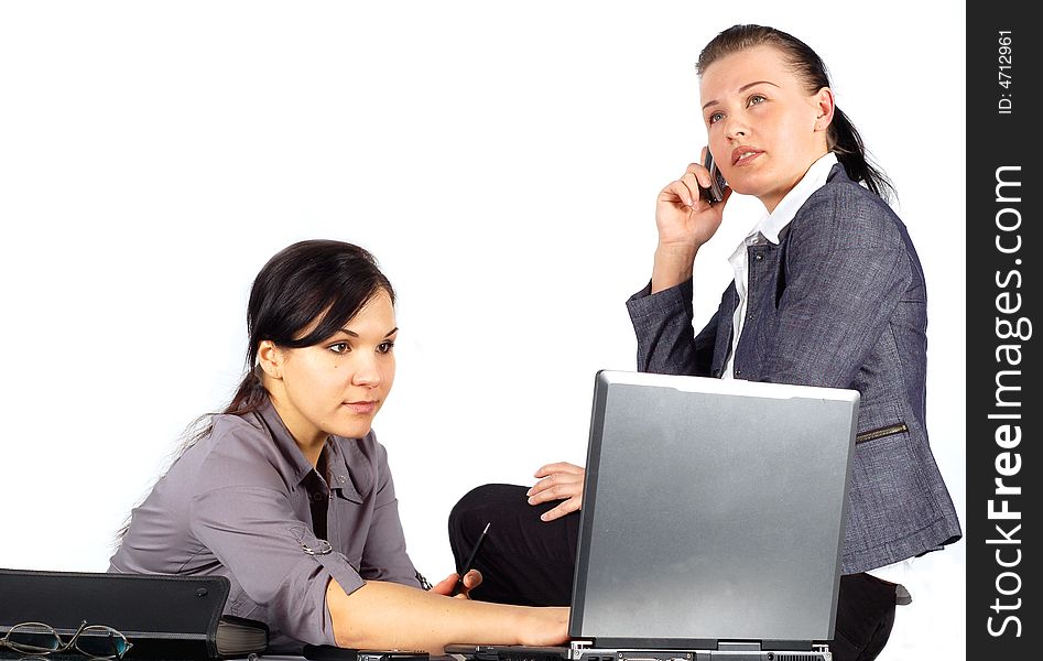 Two attractive brunette women working in office. Two attractive brunette women working in office