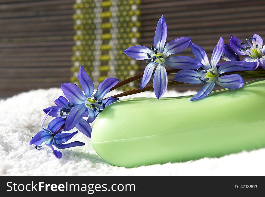Spa concept. Soap, towel and flowers snowdrops.