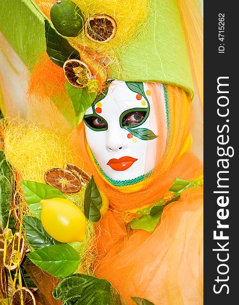 Colorful costume with fruit at the Venice Carnival. Colorful costume with fruit at the Venice Carnival