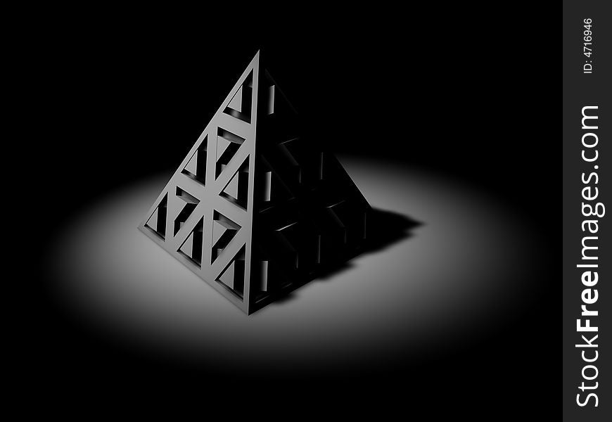 A 3D rendering of an abstract pyramid, made up of smaller triangles.