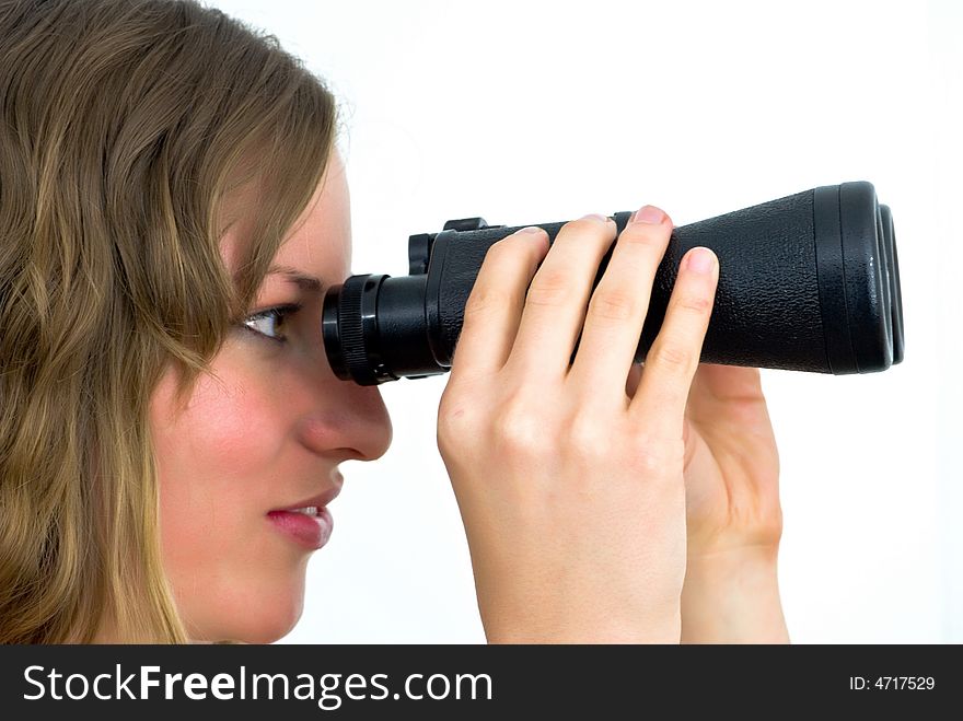 Smiling young adorable woman with large binoculars